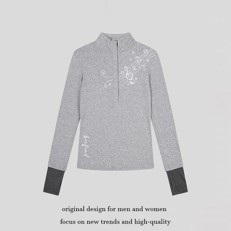 Women's Long Sleeve Polo Shirt with Stand-Up Collar, Button Placket and Note Print Amarae