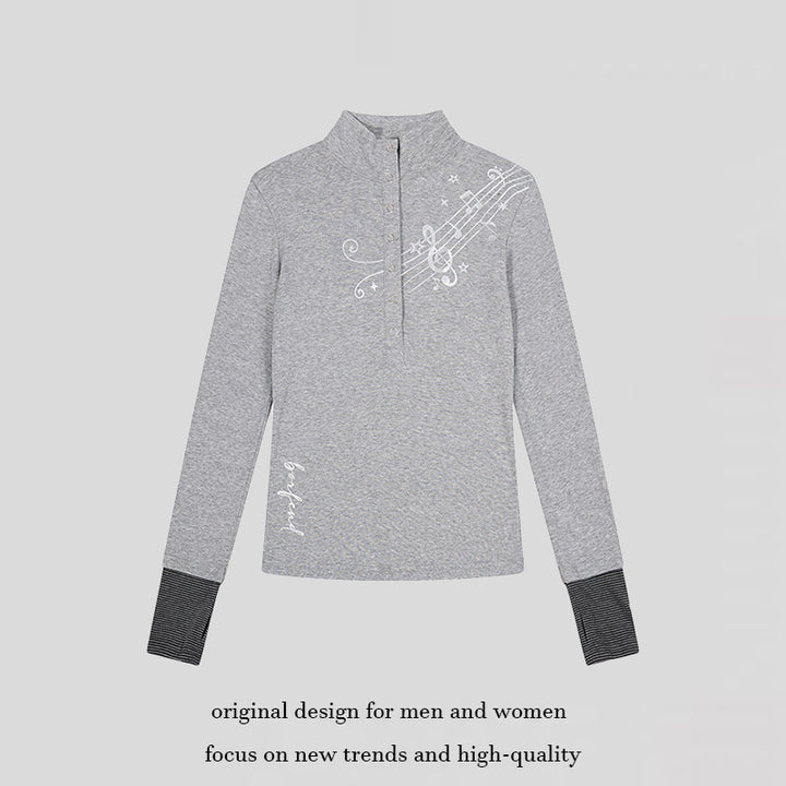 Women's Long Sleeve Polo Shirt with Stand-Up Collar, Button Placket and Note Print Amarae