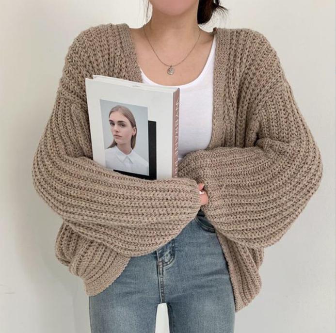 Oversized thick knit cardigan for women with deep V-neck Lune London
