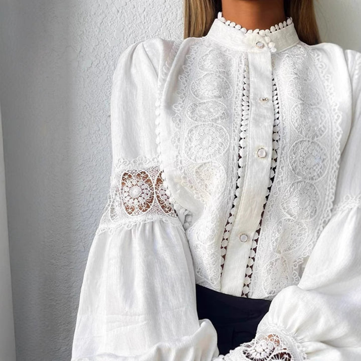 Women's Elegant Lace Blouse in Vintage Style with Stand Collar and Balloon Sleeves Amarae