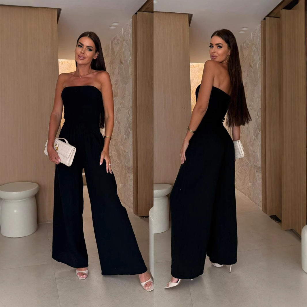 Ladies Smocked Strapless Wide Leg Jumpsuit Lune London