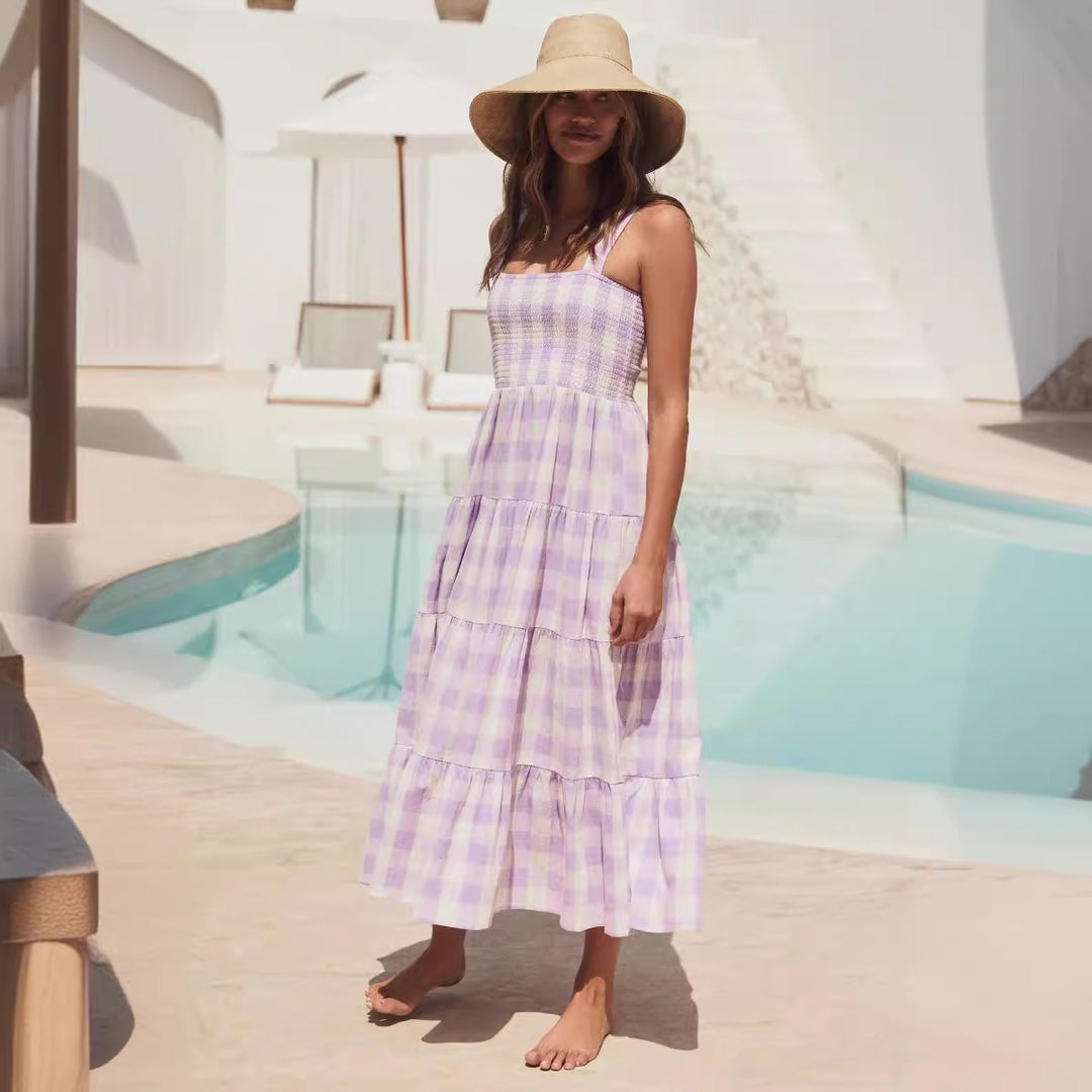 Ladies Summer Maxi Dress with Checked Design and Straps Lune London