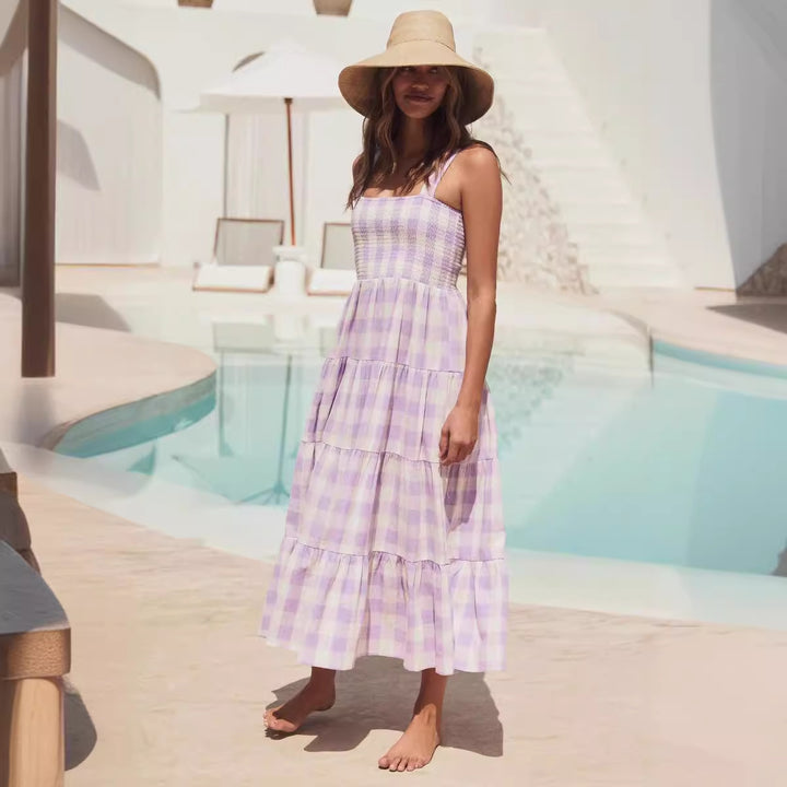 Ladies Summer Maxi Dress with Checked Design and Straps Lune London