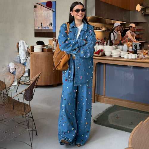 Denim set for women with colorful appliqués and a loose fit Amarae