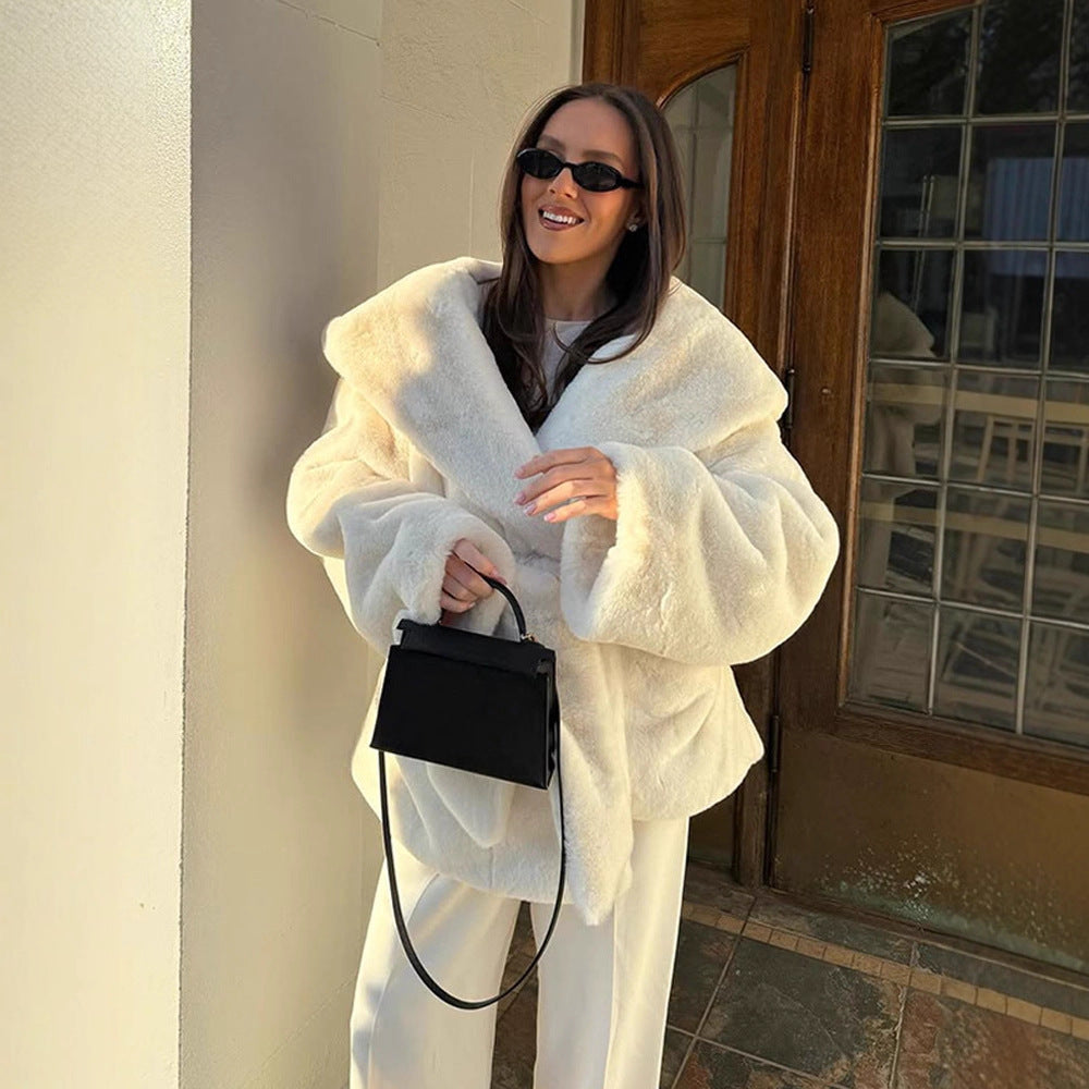 Women's Oversized Teddy Coat with Extra Large Shawl Collar and Wrap Belt Amarae