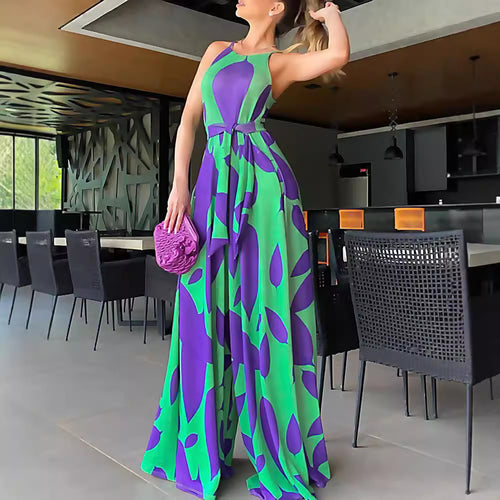 Women's maxi dress with floral pattern and belted waist