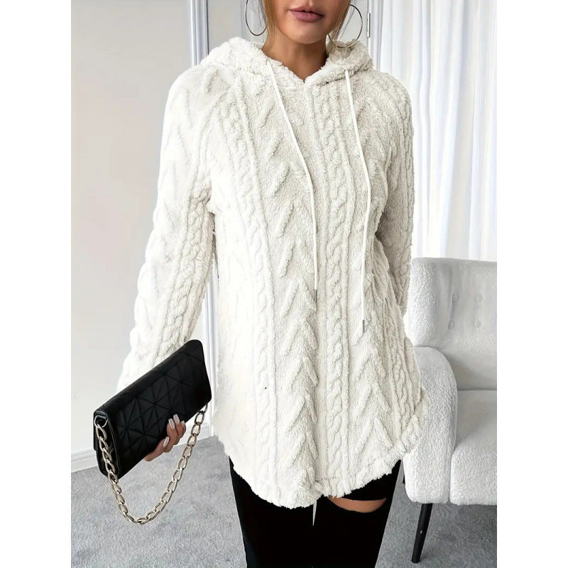 Women Cozy Teddy Hoodie with Cable Knit Pattern Drawstring and Rounded Hem Amarae