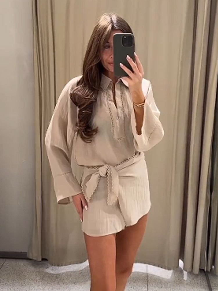 Ladies Lightweight Crinkle Two-Piece with Oversized Shirt and Wrap Mini Skirt Amarae