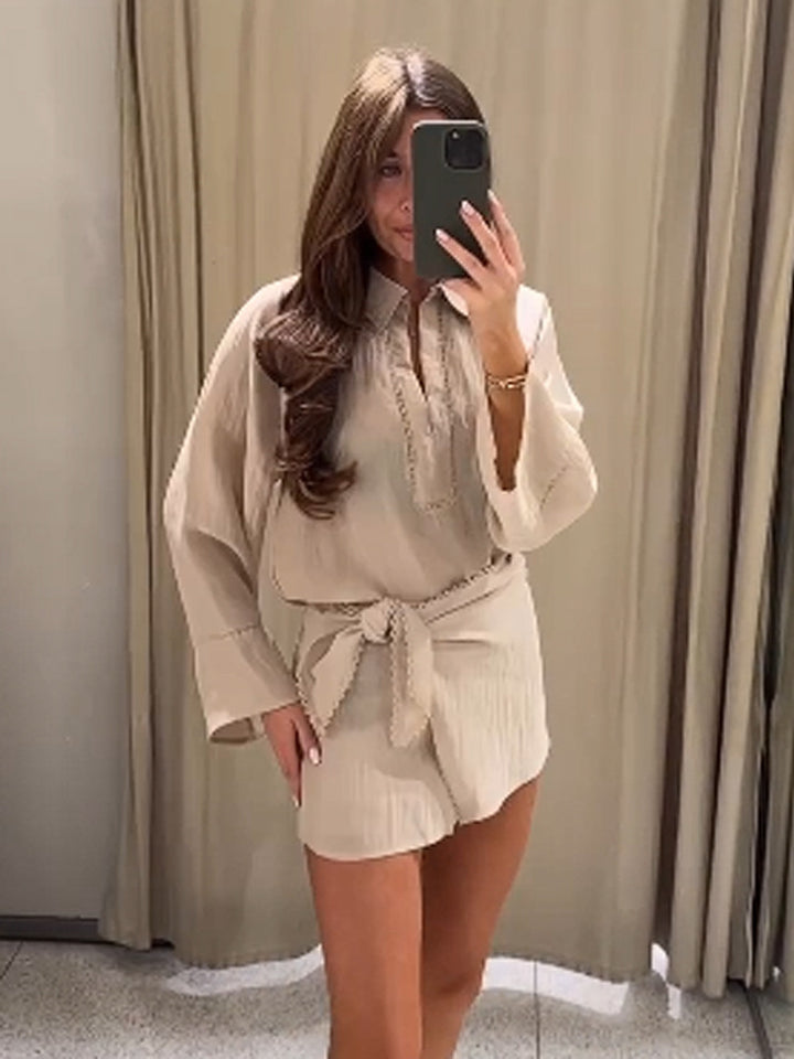 Ladies Lightweight Crinkle Two-Piece with Oversized Shirt and Wrap Mini Skirt Amarae