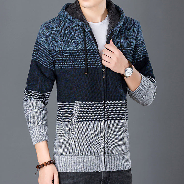Men's knitted jacket with hood and modern stripes