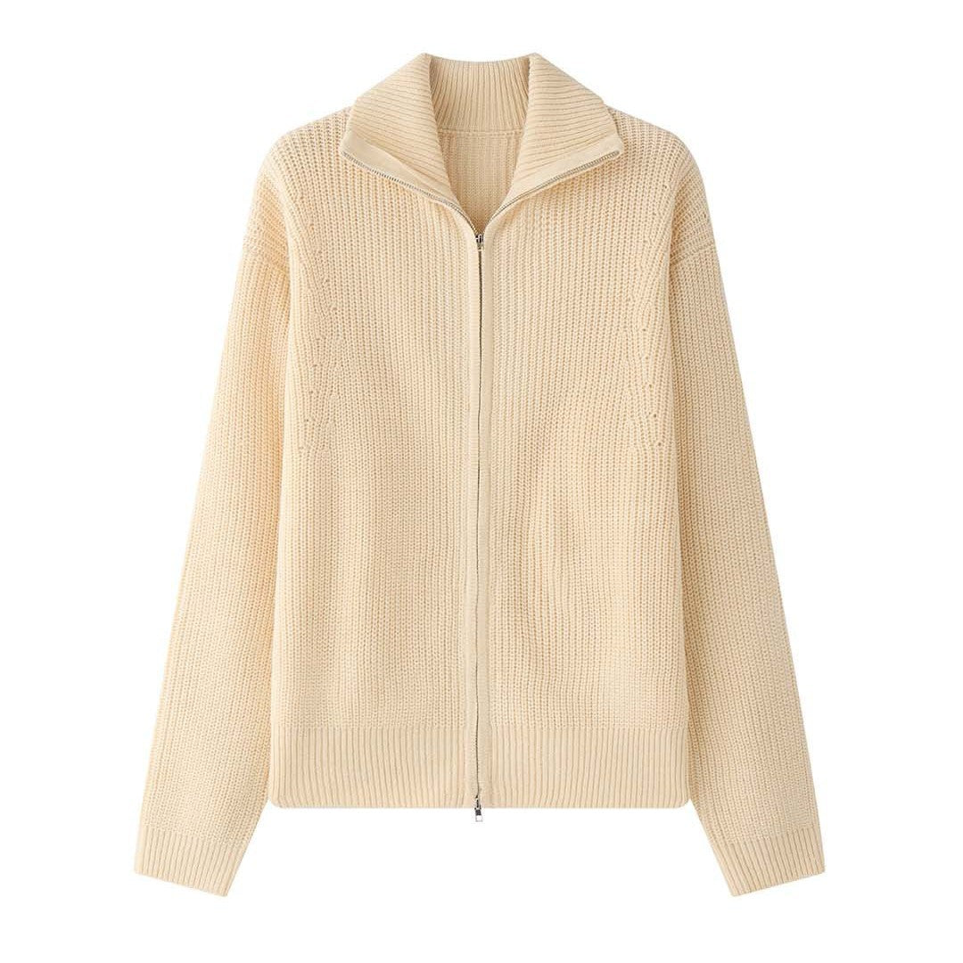 Women's chunky knit zip cardigan with high stand-up collar and dropped shoulder Amarae