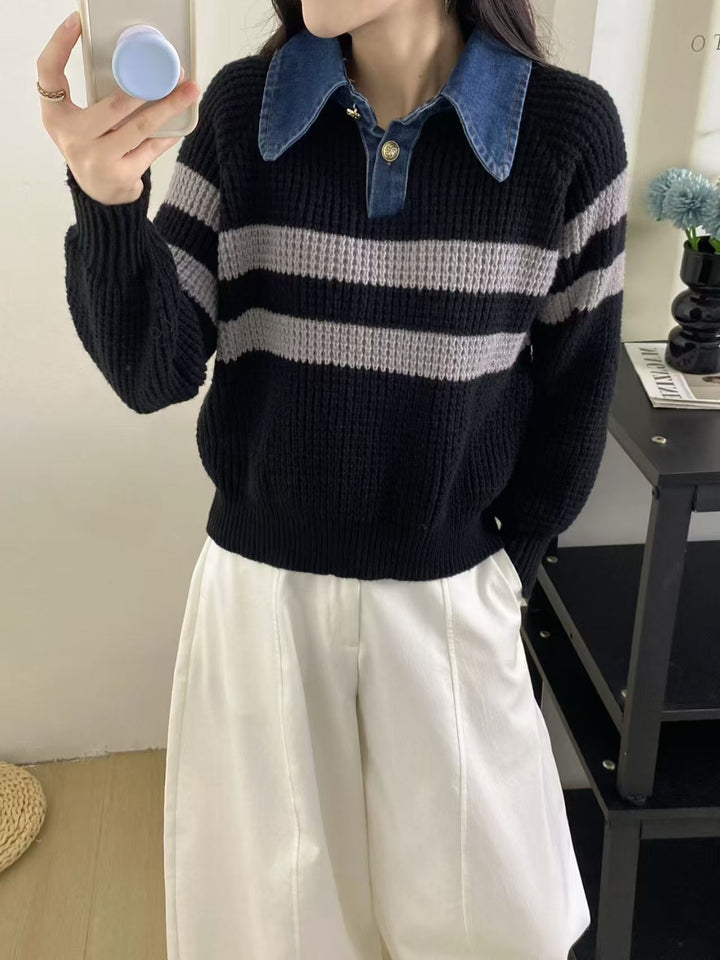 Pull en tricot décontracté pour femmes avec col et design rayé Chic & Stil