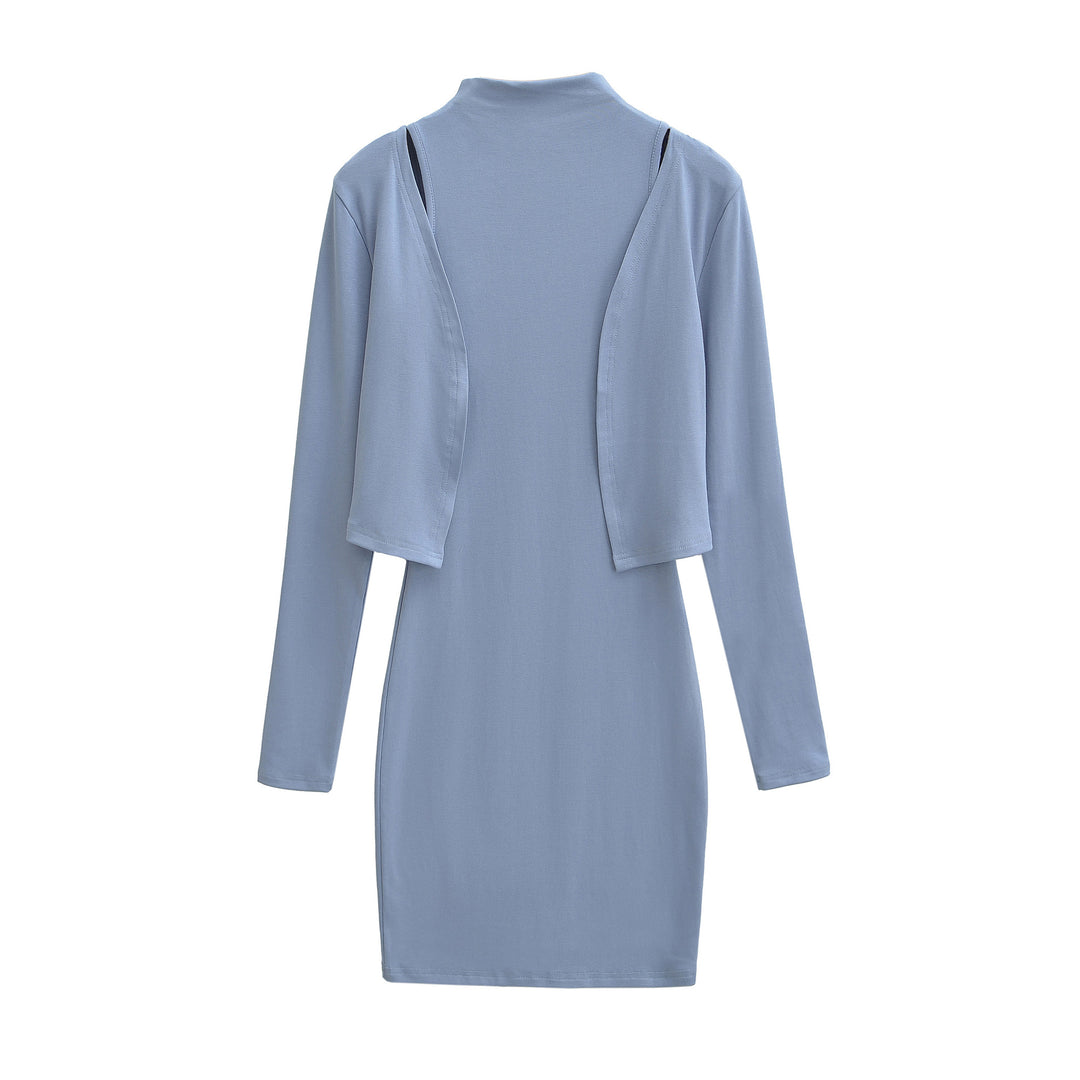 Ladies Figured Close-Fitting Midi Dress with Integrated Bolero and Stand-Up Collar Amarae