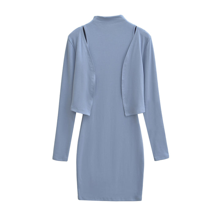 Ladies Figured Close-Fitting Midi Dress with Integrated Bolero and Stand-Up Collar Amarae