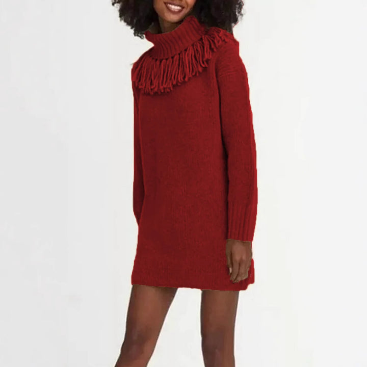 Knitted dress for women with decorative fringe trim and high turtleneck Lune Londonl