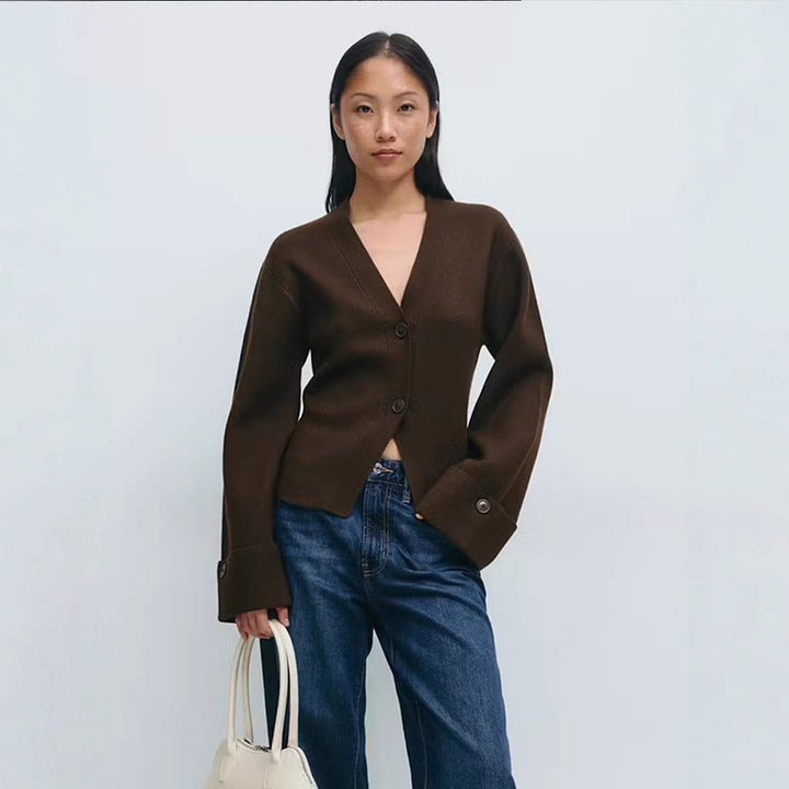 Women's Tailored Fine Knit Jacket with Deep V-Neck and Wide Cuffs Amarae