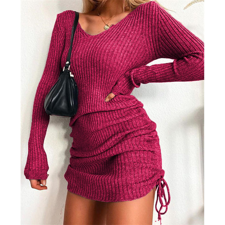 Ribbed knit dress for women with deep V-neck and adjustable ruching Lune London