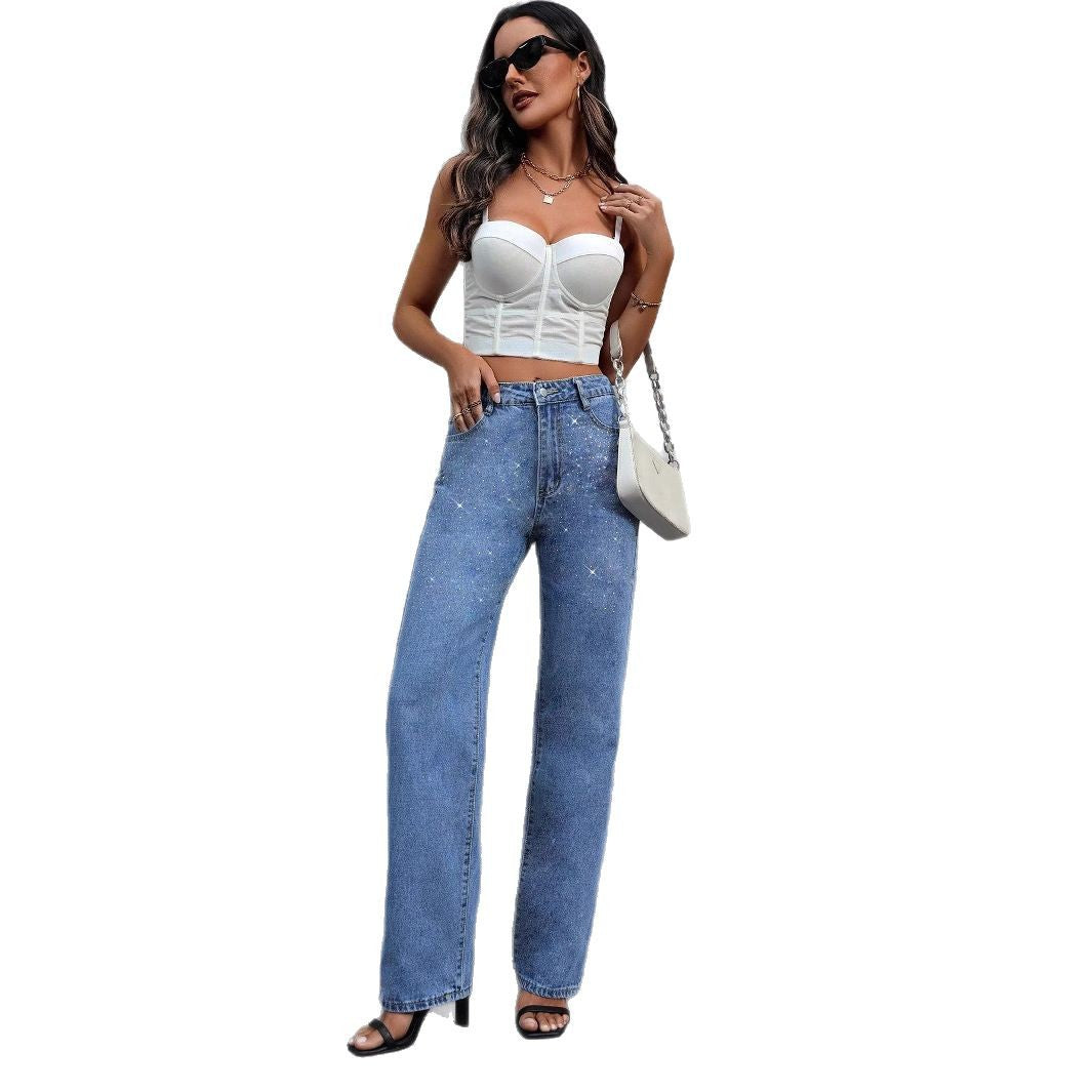 Women's High-Waisted Straight-Leg Jeans with Star Glitter Print and Five-Pocket Design Amarae