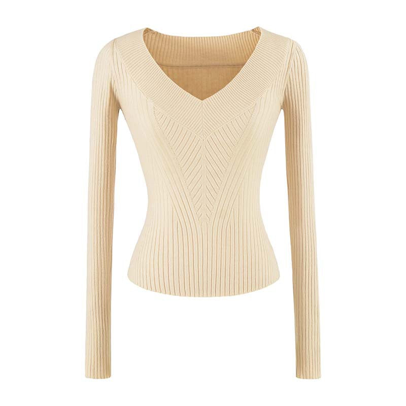 Women's Tailored Ribbed Knit Sweater with V-Neck and Shaping Structure Amarae