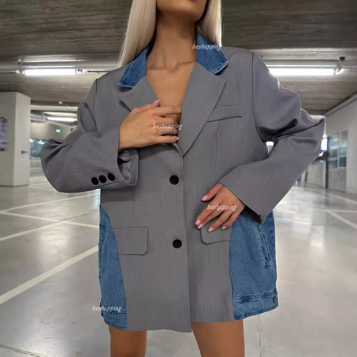 Modern blazer jacket for women with an innovative denim design and chic stylish details