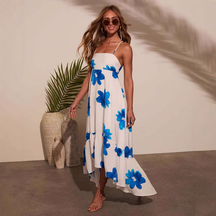 Ladies maxi dress with decorative floral patterns and elegant ruffle trim Lune London