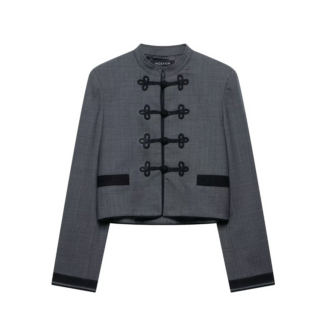 Women's Short Jacket in Mandarin Style with Decorative Knot Closure and Tailored Silhouette Amarae