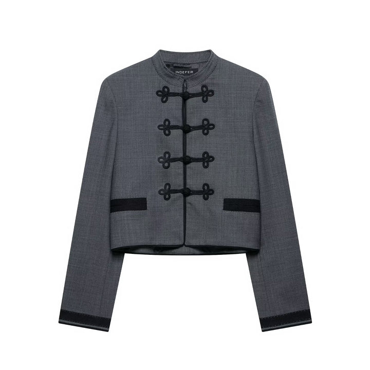 Women's Short Jacket in Mandarin Style with Decorative Knot Closure and Tailored Silhouette Amarae