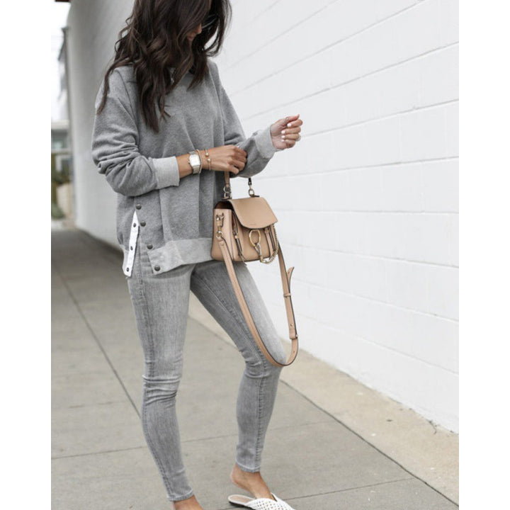 Ladies Comfortable Sweatshirt with Button Details and Side Slits Lune London