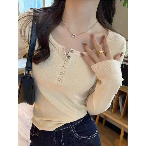 Women's Long Sleeve Shirt with Button Placket and Fine Ribbed Texture