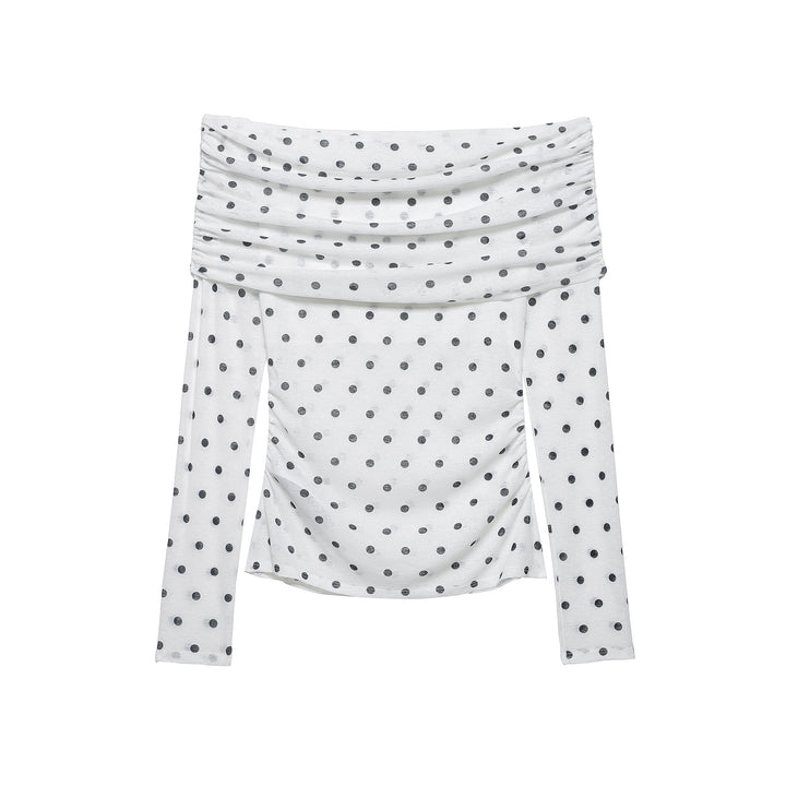 Women's Off-Shoulder Long Sleeve Top with Draped Overlap Collar and Polka Dot Pattern Amarae