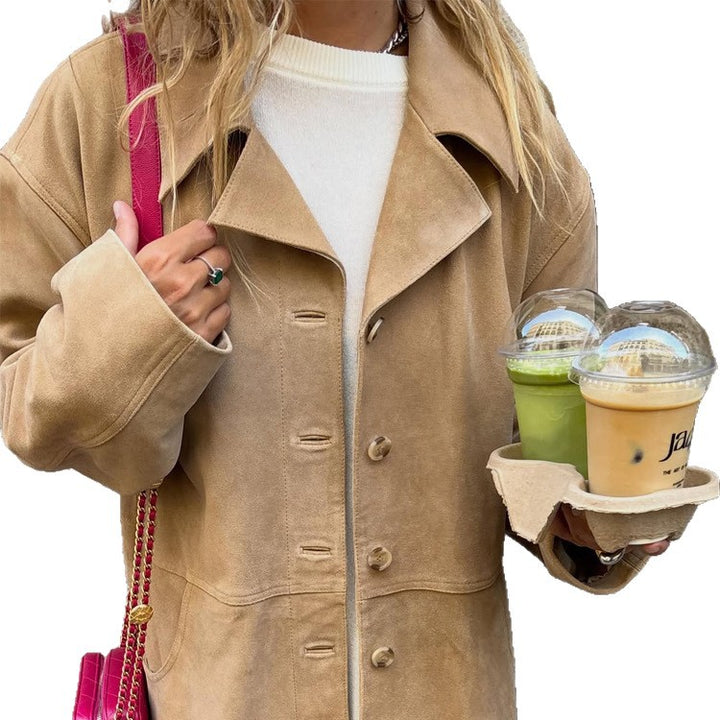 Women's short coat in suede look with boxy silhouette, horn button front & patch pockets Amarae