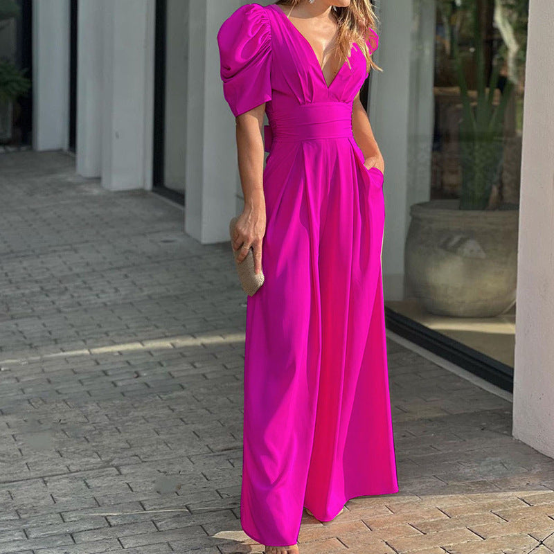 Ladies Elegant Puff Sleeve V Neck Chic and Stylish Jumpsuit