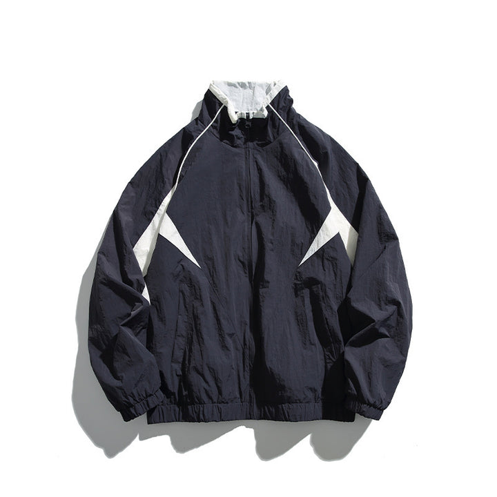 Unisex Lightweight Boxy Hooded Jacket in Windbreaker Style with Contrast Panels and Raglan Sleeves Amarae