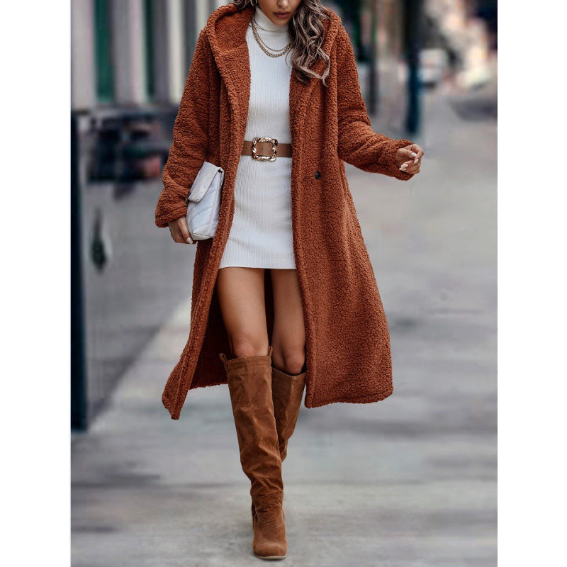 Women's Maxi Length Teddy Coat with Hood and Double Button Placket Amarae