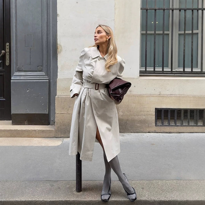 Women's mid-length trench coat in cocoon cut with belt and raglan sleeves Amarae