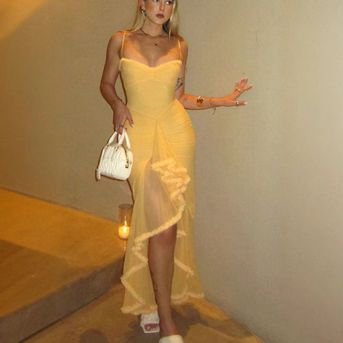 Women's maxi dress with an elegant ruffle design and artistic draping Amarae