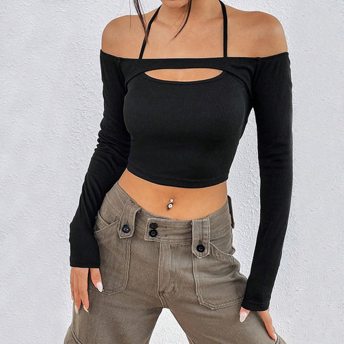 Haut court femme à épaules dénudées avec découpe asymétrique et manches longues Chic & Stil
