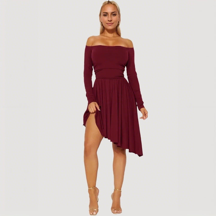 Robe midi femme dénudée des épaules avec ourlet asymétrique et manches longues Chic & Stil