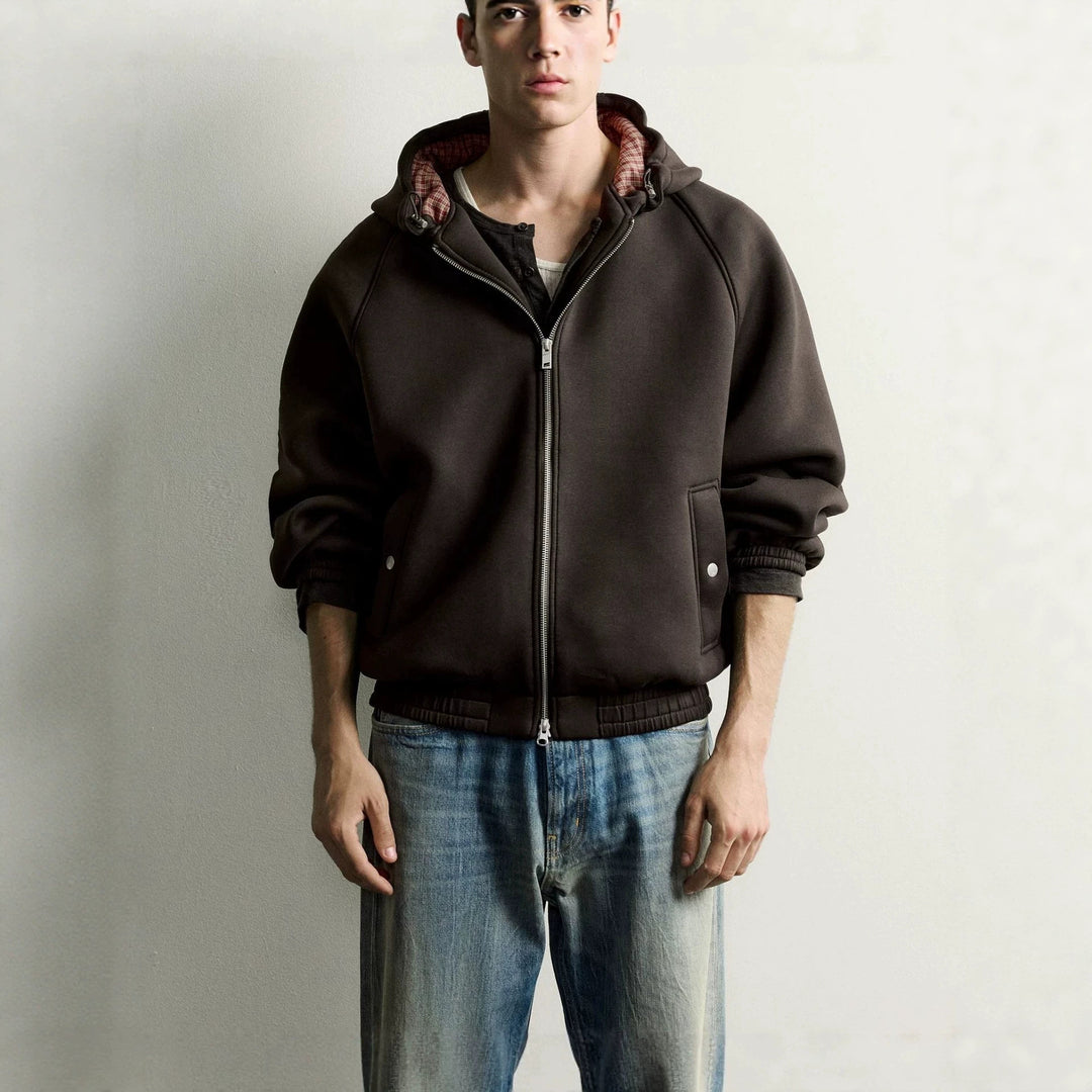 Men's Boxy Hoodie Jacket with Padded Texture and Checkered Lined Hood Amarae