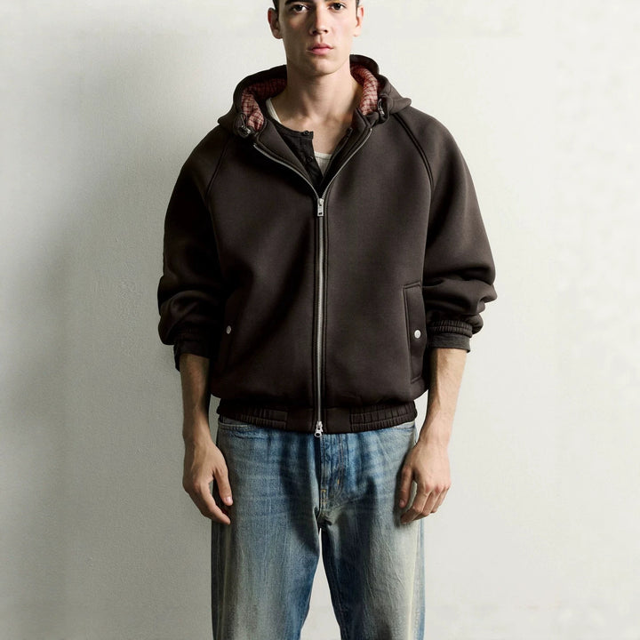 Men's Boxy Hoodie Jacket with Padded Texture and Checkered Lined Hood Amarae