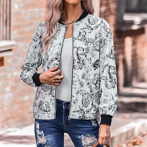 Women's bomber jacket with floral pattern and elastic edges Amarae