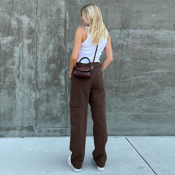 Ladies High-Waisted Relaxed Cargo Pants with Wide Leg and Knee Pleats Amarae