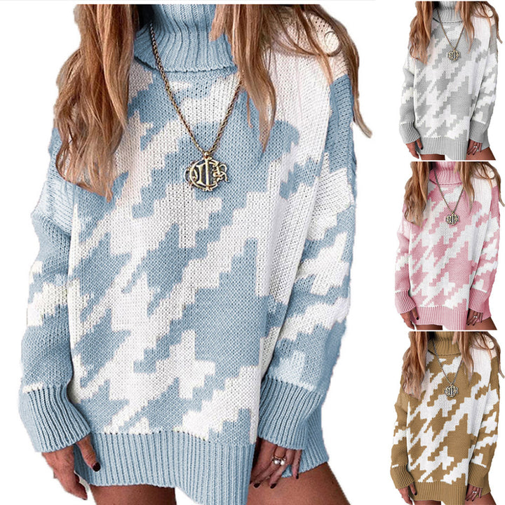 Thick knit sweater for women with a high collar and modern geometric pattern Lune London