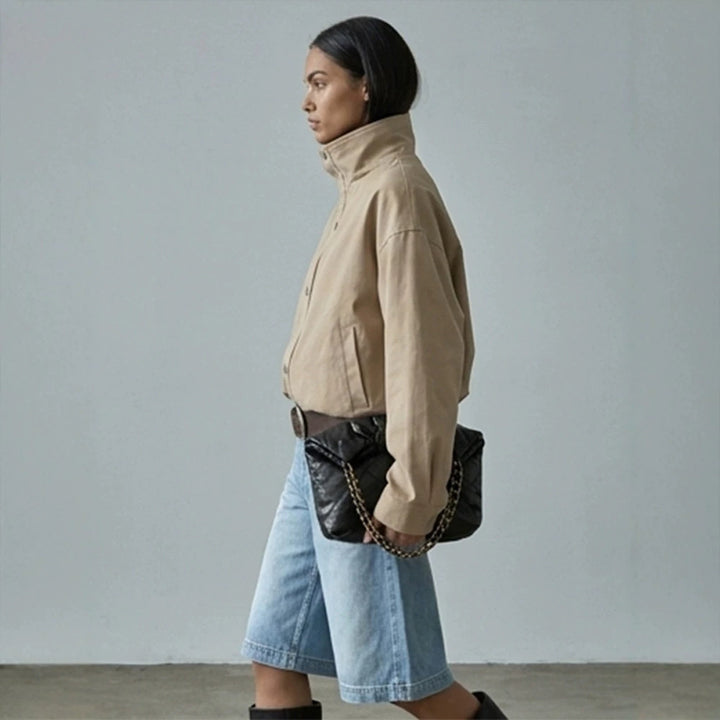 Women Short Boxy Canvas Jacket with High Stand-Up Collar and Snap Button Placket Amarae
