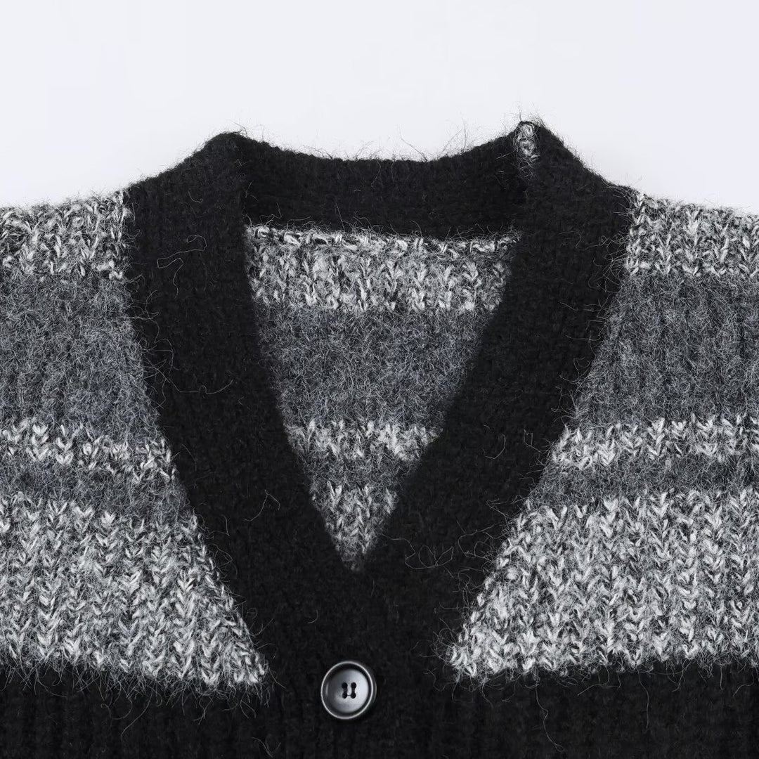 Women's Oversized Knit Cardigan with V-Neck, Striped Pattern and Patch Pockets Amarae