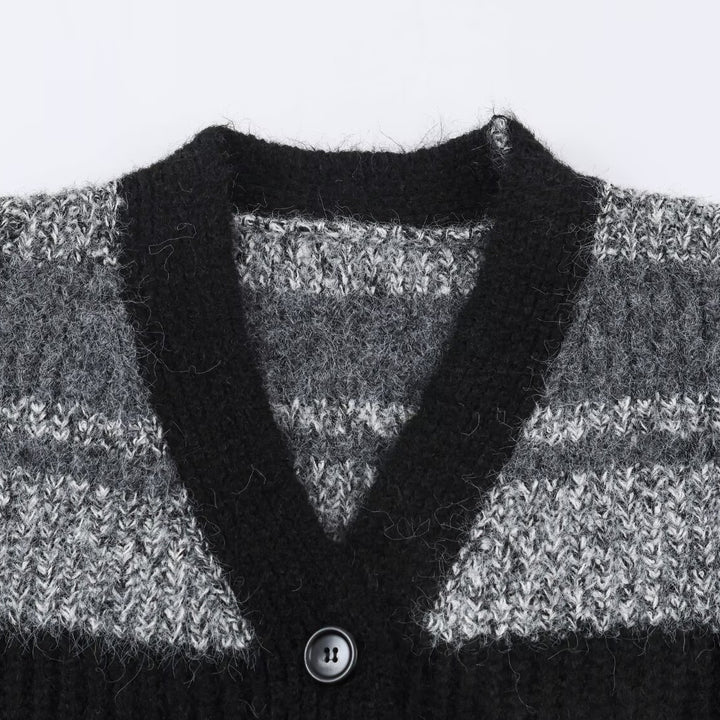 Women's Oversized Knit Cardigan with V-Neck, Striped Pattern and Patch Pockets Amarae