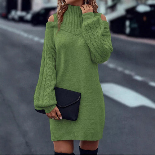 Knit dress for women with off-shoulder design and complex twisted pattern structure Amarael