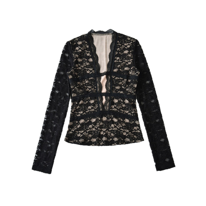 Women's Transparent Lace Blouse with V-Neck, Tailored Inserts and Long Sleeves Amarae
