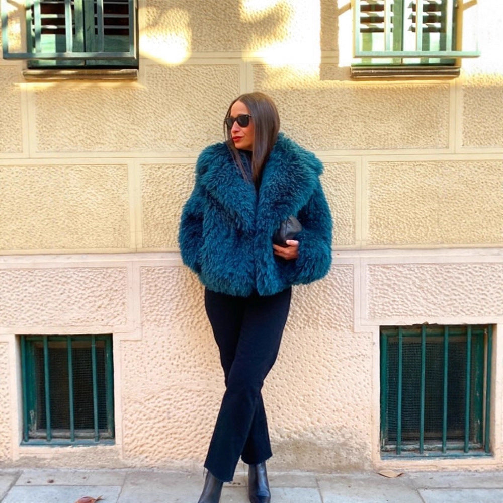 Women's Short Textured Faux Fur Coat with Voluminous Shawl Collar Amarae