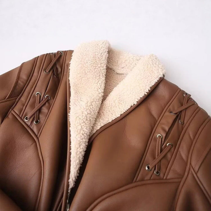 Faux leather jacket for women with warm shearling lining and elegant lacing details Lune London